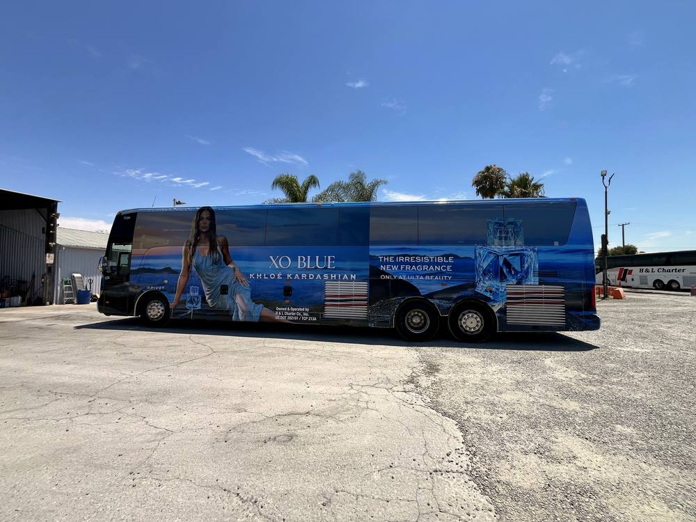 XO Blue motorcoach wrap installed by Molina Graphic Installations